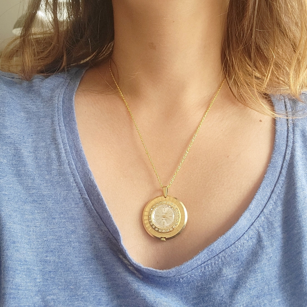 Vintage Swiss Donada Rhinestone Watch Necklace